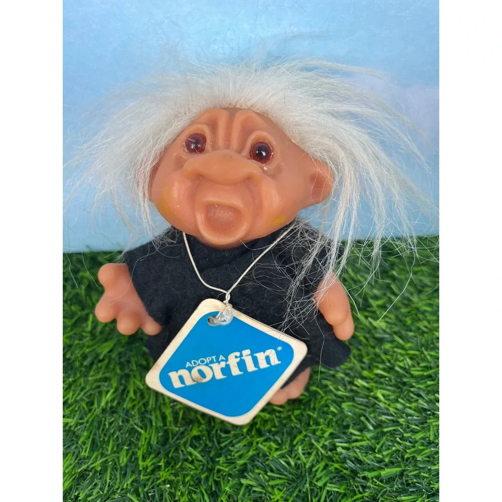 Vintage Norfin Troll Doll Thomas Dam Denmark White Hair Amber Eyes Black Outfit